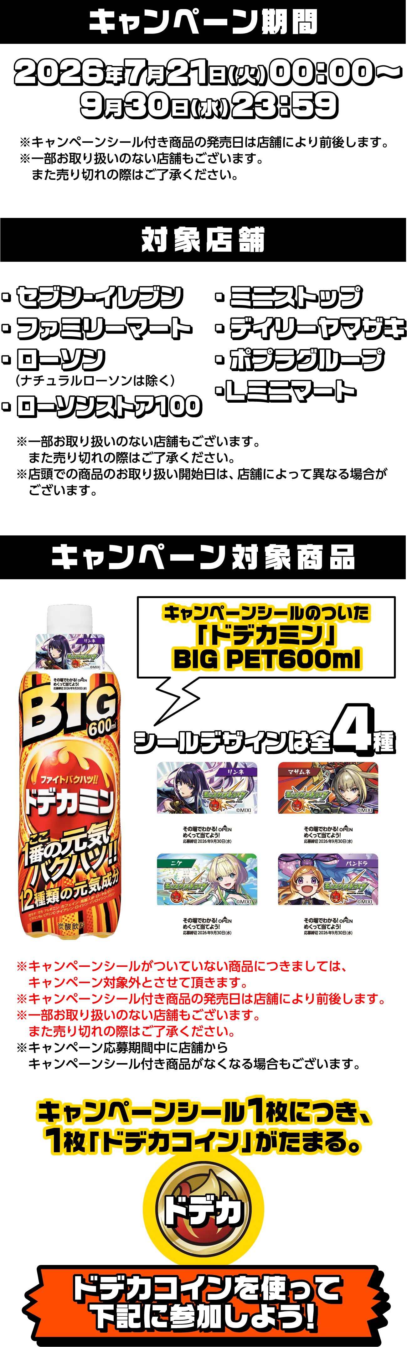 キャンペーン期間 2026年7月21日（火）00：00〜 9月30日（水）23：59 対象店舗 ・セブン−イレブン・ファミリーマート・ローソン（ナチュラルローソンは除く）・ローソンストア100・ミニストップ・デイリーヤマザキ・ポプラグループ・Ｌミニマート キャンペーン対象商品 キャンペーンシールのついた「ドデカミン」BIG PET600ml シールデザインは全4種 キャンペーンシール1枚につき、1枚「ドデカコイン」がたまる。ドデカコインを使って下記に参加しよう！