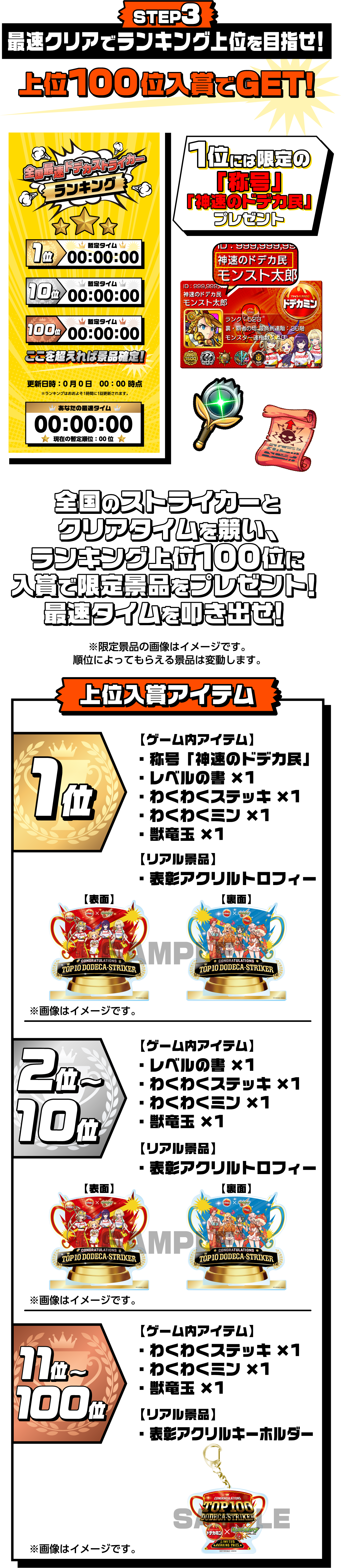STEP 3 最速クリアでランキング上位を目指せ！ 上位100位入賞でGET！ 全国のストライカーとクリアタイムを競い、ランキング上位100位に入賞で限定景品をプレゼント！最速タイムを叩き出せ！